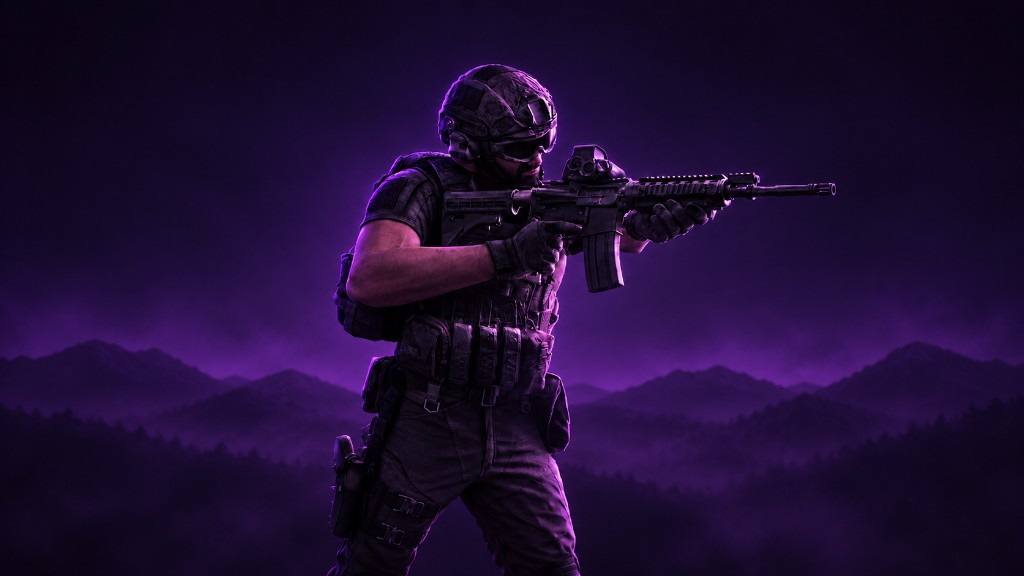 Tactical soldier aiming across a purple-lit mountainous battlefield